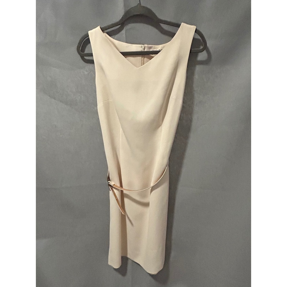 Tahari Cream Sleeveless Belted V-Neck Sheath Dress Office Career Wear
